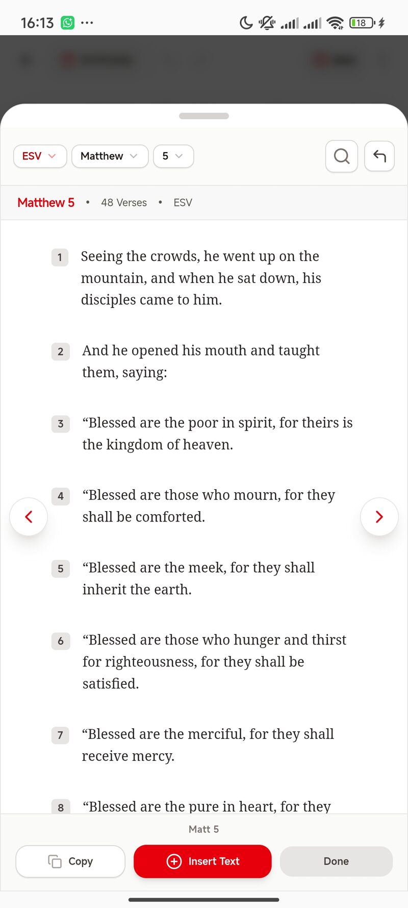 Full chapter Bible reader open to Matthew 5 in ESV with Insert Text, Copy and Done buttons