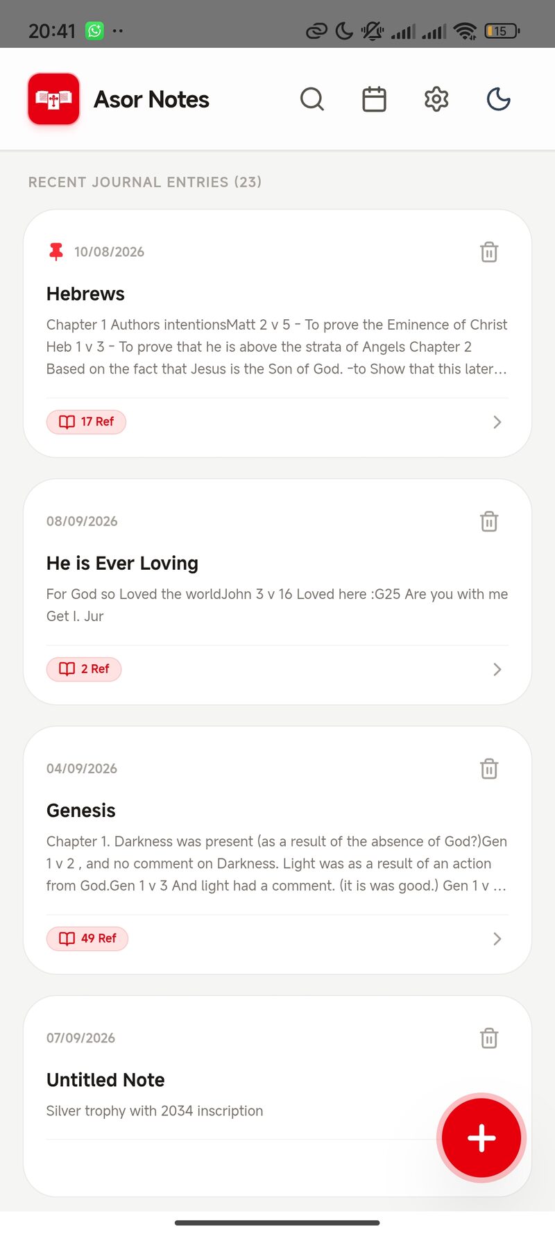 Asor Notes journal list showing pinned entries on Hebrews, He is Ever Loving, and Genesis, each tagged with reference counts
