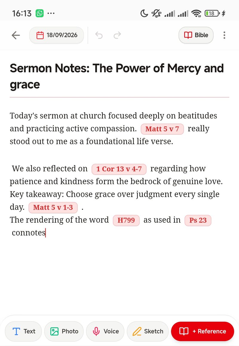 Note editor top menu showing the Bible button that opens the in-app reader
